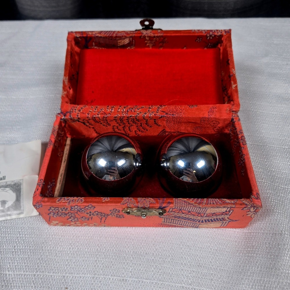 Vintage Chinese Baoding Balls Chrome Stress Relief Hand Exercise Set with Box